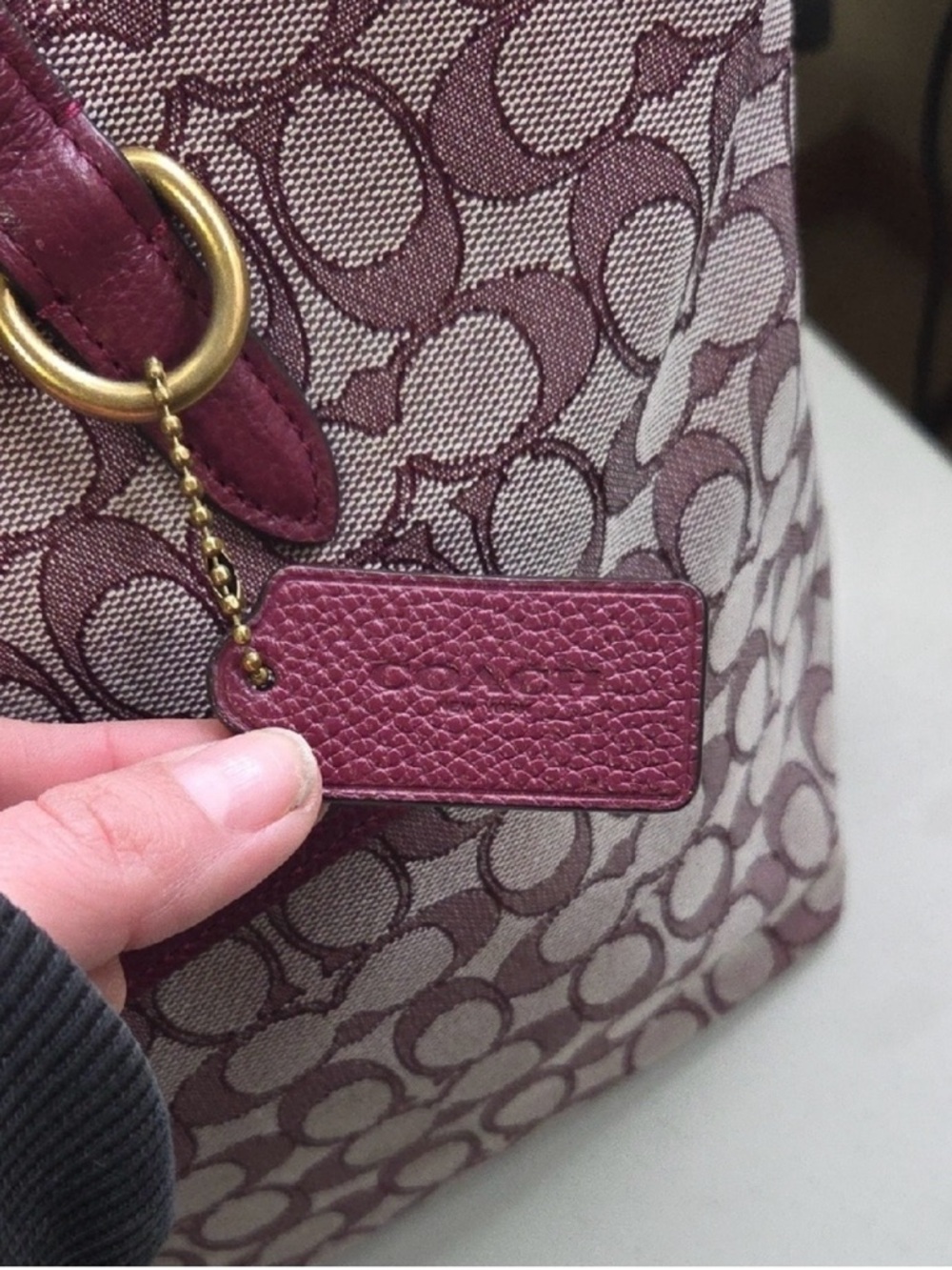 Coach Signature Jacquard Zip Tote Bag with Burgundy Leather Trim (Style 5106) - Picture 9 of 10